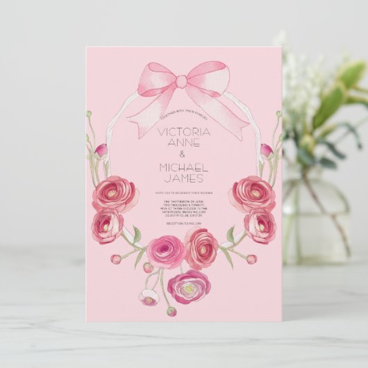 Roze Bloemen Ribbon bruiloft uitnodiging (Staand voorkant)