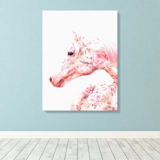 Roze bloemen Riding Horse | Aesthetisch kunstwerk Canvas Afdruk (Insitu (Houten vloer))