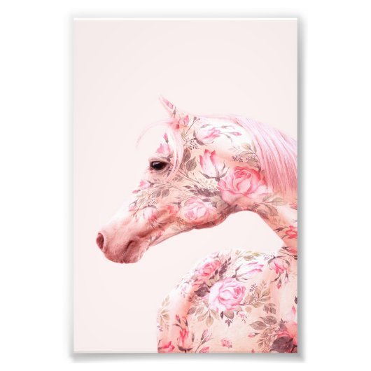 Roze bloemen Riding Horse | Aesthetisch kunstwerk Foto Afdruk (Voorkant)