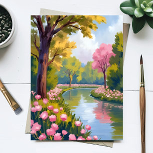 Roze Bloemen Riviertuin Bloeiende Waterverf Briefkaart