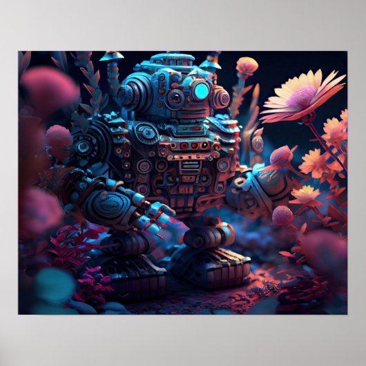 Roze Bloemen Robot Poster (Voorkant)