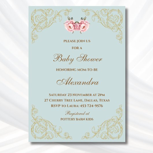 Roze Bloemen Rococo  Bloemen Baby shower Kaart