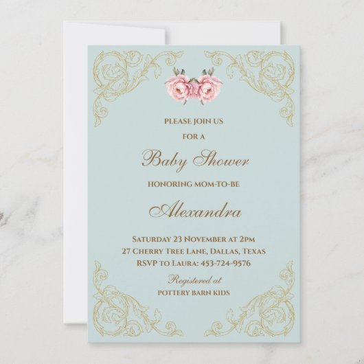 Roze Bloemen Rococo  Bloemen Baby shower Kaart (Voorkant)