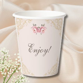 Roze Bloemen Rococo Peony Baby shower Papieren Bekers