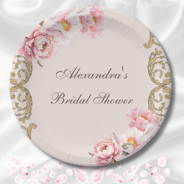 Roze  Bloemen Rococo Peony Vrijgezellenfeest Papieren Bordje