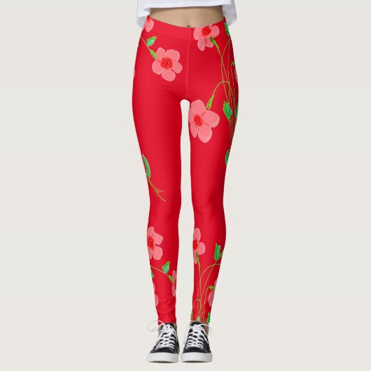 Roze Bloemen Rode Leggings (Voorkant)