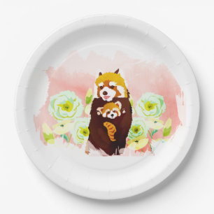 Roze Bloemen Rode Panda Papier Borden 9" Papieren Bordje
