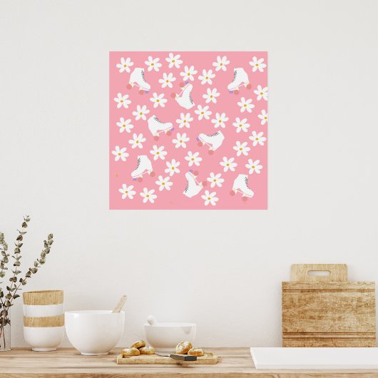 Roze bloemen Roller Skates Inline Skaten Poster (Keuken)