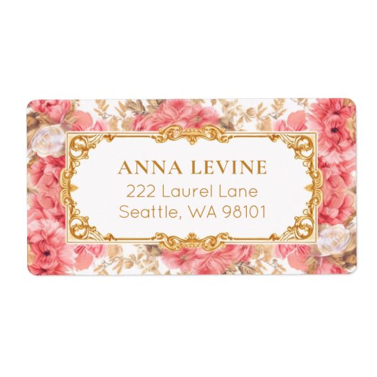 Roze Bloemen Romantisch Goud Lijst Etiket (Voorkant)
