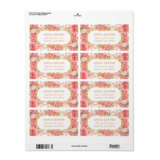 Roze Bloemen Romantisch Goud Lijst Etiket (Full Sheet)
