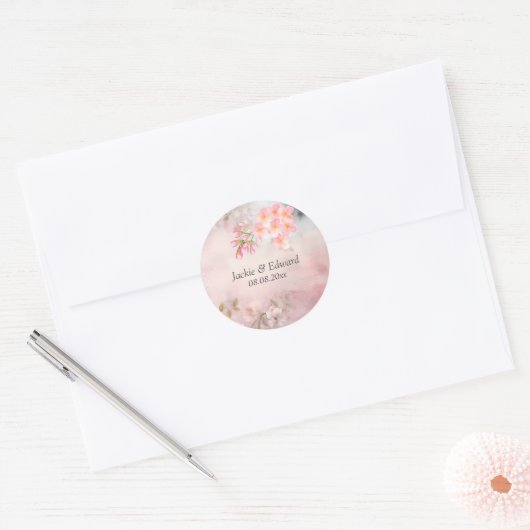 Roze Bloemen Romantisch Ronde Sticker (Envelop)
