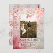Roze Bloemen Romantisch Save the Date Foto Briefkaart (Voorkant / Achterkant)