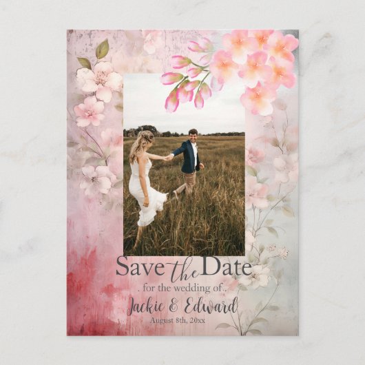 Roze Bloemen Romantisch Save the Date Foto Briefkaart (Voorkant)
