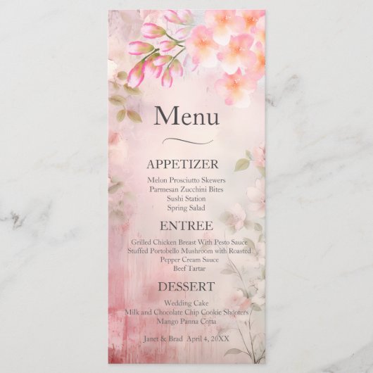 Roze Bloemen Romantisch Trouwmenu Menu (Voorkant)