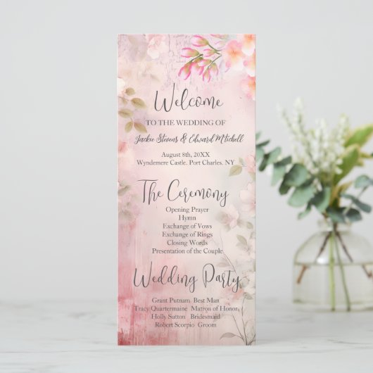 Roze Bloemen Romantisch Trouwprogramma (Staand voorkant)