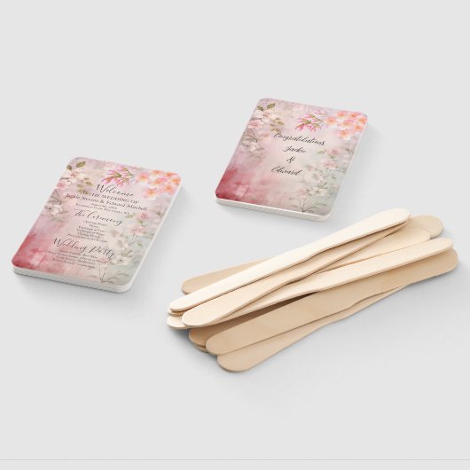 Roze Bloemen Romantisch Trouwprogramma Handwaaier (Niet-gemonteerd)