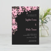 roze bloemen romantisch zwart bruiloft kaart (Staand voorkant)