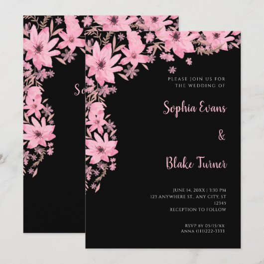 roze bloemen romantisch zwart bruiloft kaart (Voorkant / Achterkant)
