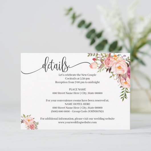 Roze Bloemen Romantische boho chique insert kaart (Staand voorkant)