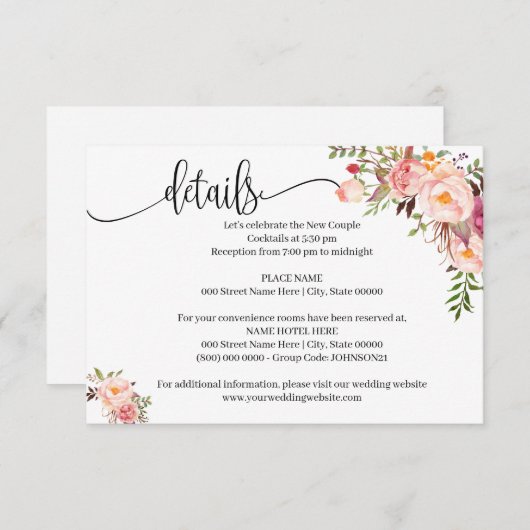 Roze Bloemen Romantische boho chique insert kaart (Voorkant / Achterkant)