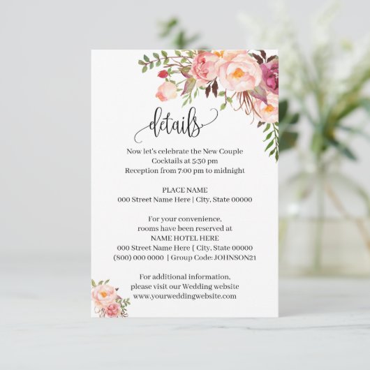 Roze Bloemen Romantische boho chique insert kaart (Staand voorkant)