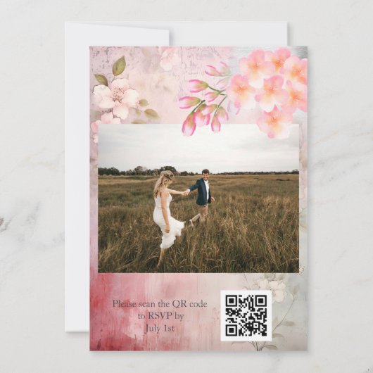Roze Bloemen Romantische QR Code Huwelijk Kaart (Achterkant)