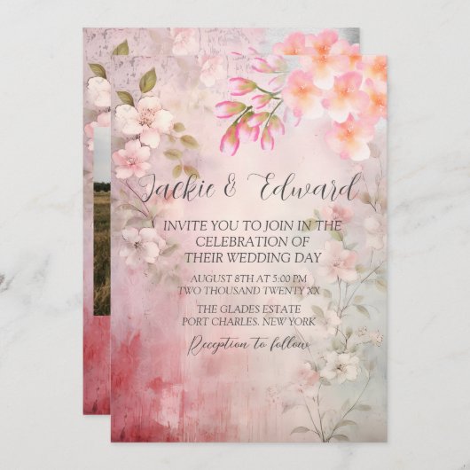 Roze Bloemen Romantische QR Code Huwelijk Kaart (Voorkant / Achterkant)