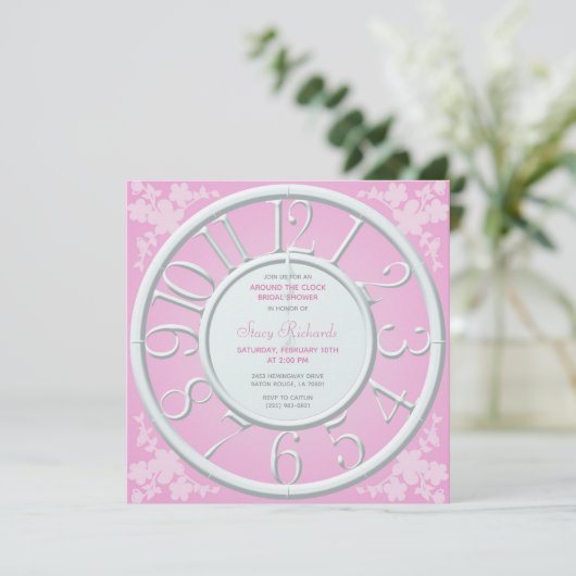 Roze Bloemen Rond de Klok Vrijgezellenfeest Uitnod Kaart (Staand voorkant)