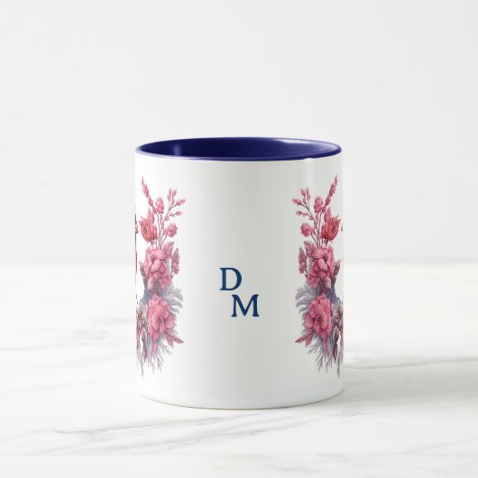 Roze Bloemen Rood Kardinaal Blauw Monogram Mok (Midden)