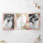 Roze bloemen roos, bloemen, bloemboho bruiloft drieluik uitnodiging (Binnen)