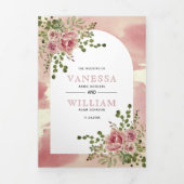 Roze bloemen roos, bloemen, bloemboho bruiloft drieluik uitnodiging (Cover)