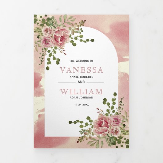 Roze bloemen roos, bloemen, bloemboho bruiloft drieluik uitnodiging (Cover)