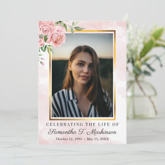 Roze Bloemen Roos Foto Waterverf Order of Service Kaart (Staand voorkant)