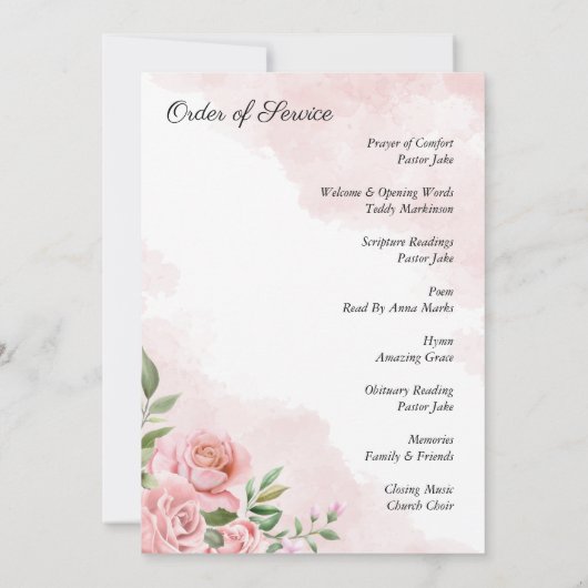 Roze Bloemen Roos Foto Waterverf Order of Service Kaart (Achterkant)