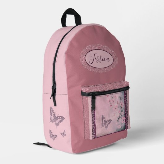 Roze bloemen, roos, glitter roze rugzak (Achterkant Hoek Links)