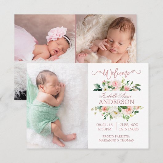 Roze bloemen Roos Gold Fotoaankondiging Aankondiging (Voorkant / Achterkant)