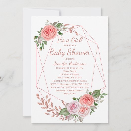 Roze Bloemen Roos Goud Meisje Baby shower Kaart (Voorkant)