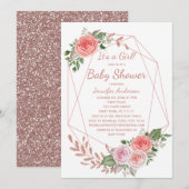 Roze Bloemen Roos Goud Meisje Baby shower Kaart (Voorkant / Achterkant)
