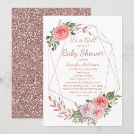 Roze Bloemen Roos Goud Meisje Baby shower Kaart