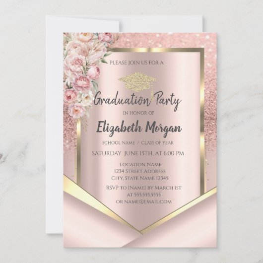 Roze Bloemen Roos Gouden Glitter Afstuderen Kaart (Voorkant)