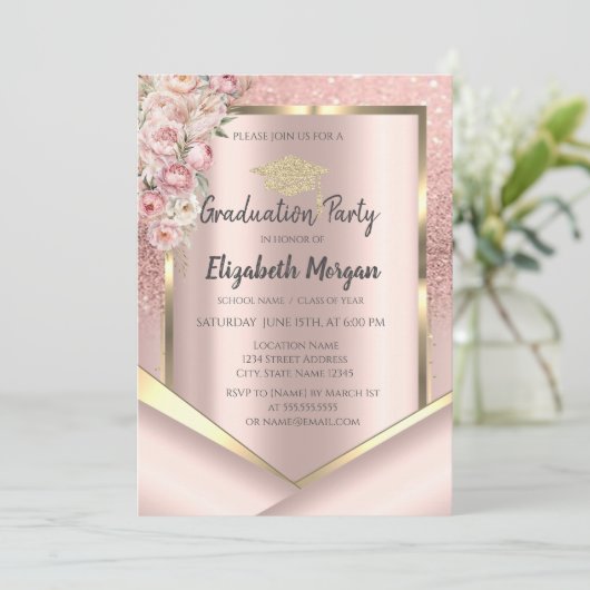 Roze Bloemen Roos Gouden Glitter Afstuderen Kaart (Staand voorkant)