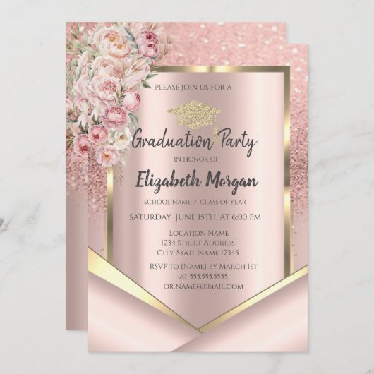 Roze Bloemen Roos Gouden Glitter Afstuderen Kaart (Voorkant / Achterkant)