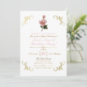 Roze Bloemen Roos & Gouden Hoeken Sweet 16 Party Kaart (Staand voorkant)