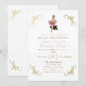 Roze Bloemen Roos & Gouden Hoeken Sweet 16 Party Kaart (Voorkant / Achterkant)