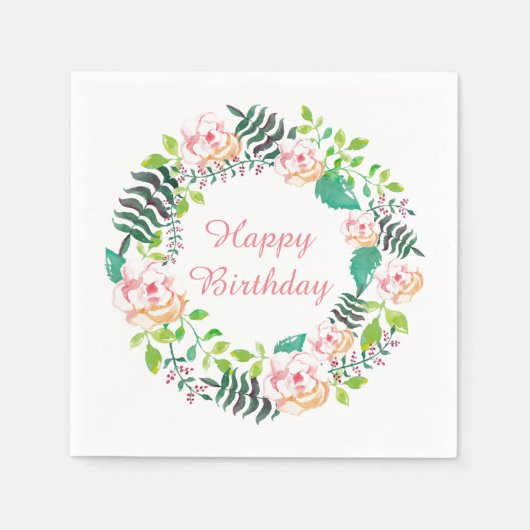 Roze Bloemen Roos Krans Happy Birthday Servetten (Voorkant)