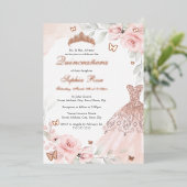 Roze Bloemen Roos Vlinder Jurk Quinceanera Folie Uitnodiging (Staand Voorkant)