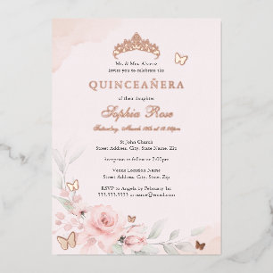 Roze Bloemen Roos Vlinder Quinceanera 15e Folie Uitnodiging