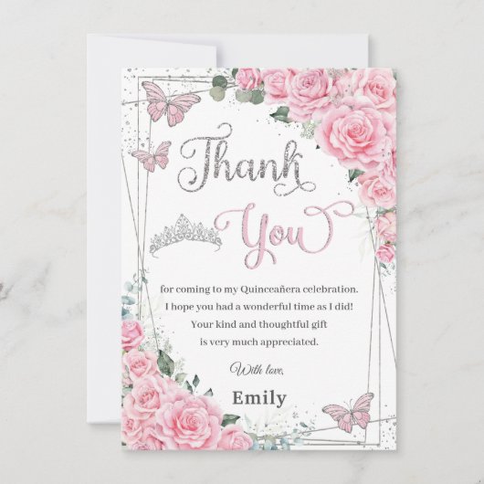 Roze Bloemen Roos Vlinders Sweet 16 Quinceañera Bedankkaart (Voorkant)