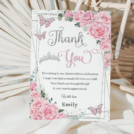 Roze Bloemen Roos Vlinders Sweet 16 Quinceañera Bedankkaart