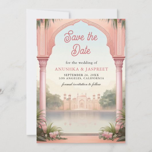 Roze Bloemen Royal Indian Palace bruiloft foto Save The Date (Voorkant)